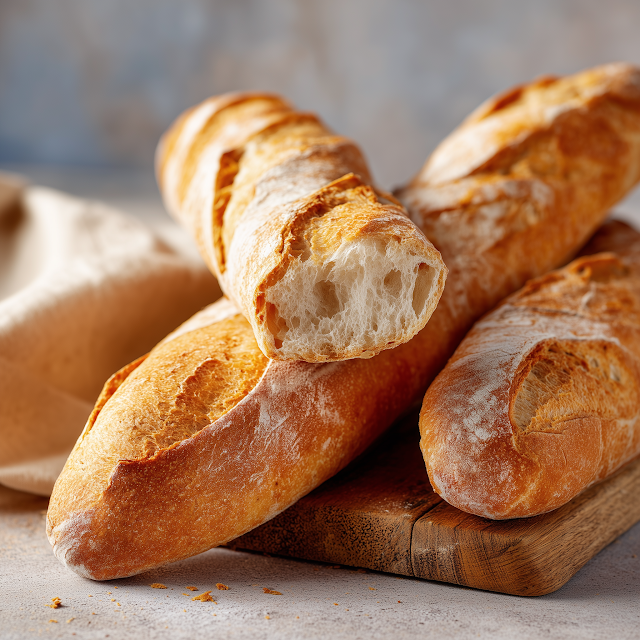 Freshly Baked French Baguettes on Wooden Board