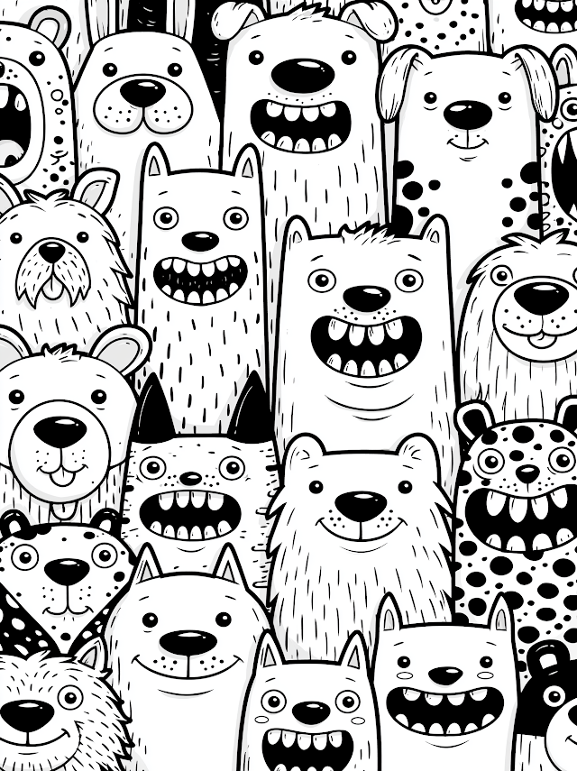 Fun Doodle Coloring Page Featuring Playful Dogs