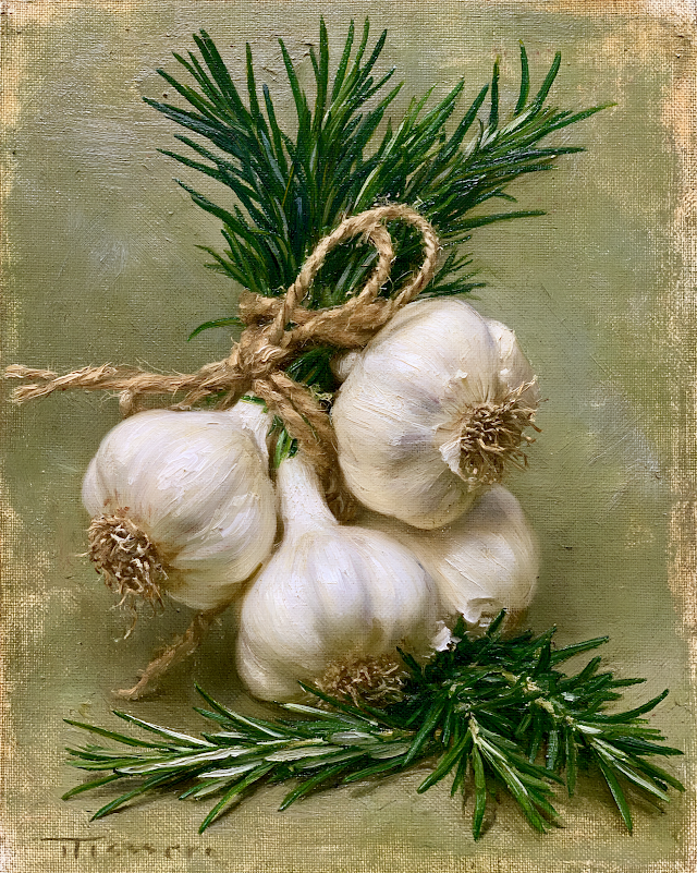 Garlic Bulbs and Rosemary on Vintage Background