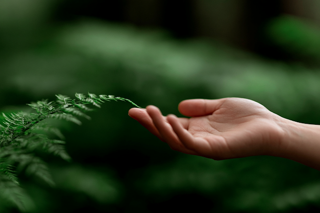 Gentle Touch of Nature: Fern Frond and Human Hand