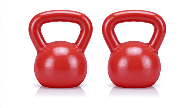 Glossy Red Kettlebells on White Background