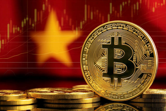Golden Bitcoin Against Chinese Flag Background