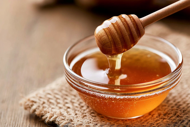 Golden Honey in a Glass Bowl on Burlap