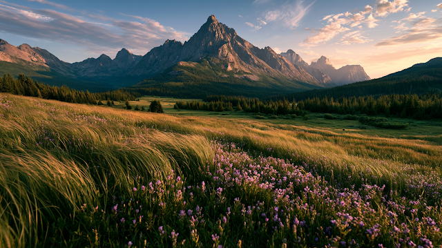 Golden Hour Wildflower Meadow with Majestic Mountain Peaks