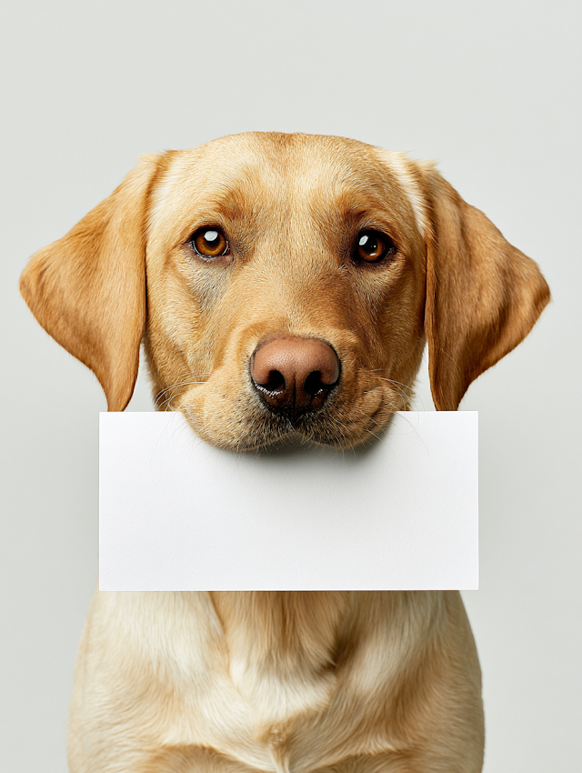 Golden Labrador Retriever Holding a Blank Card in a Studio Portrait