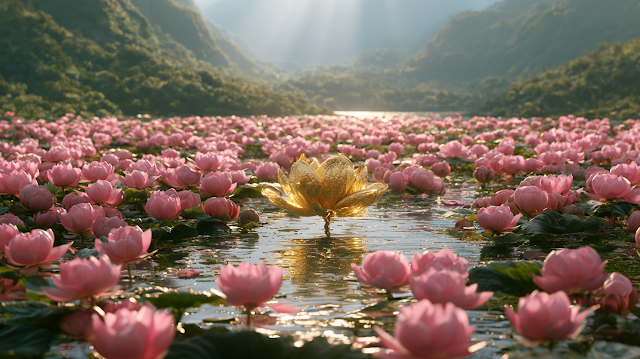 Golden Lotus in Serene Pink Pond