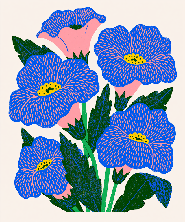 Hand-Drawn Blue and Yellow Floral Illustration
