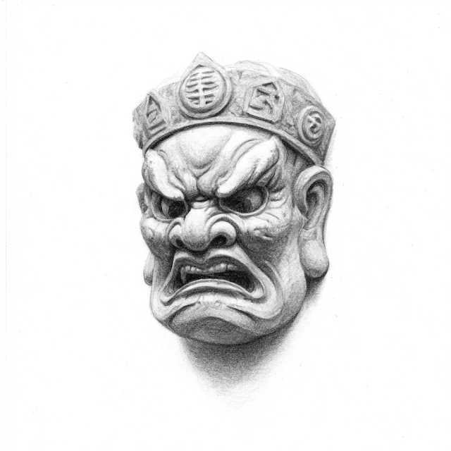 Hand-Drawn Nuo Mask of the Thunder God in Graphite