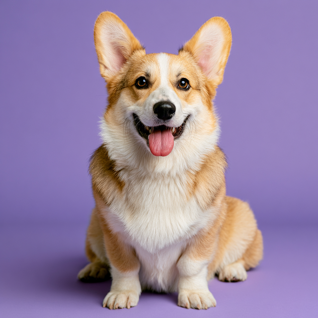 Happy Corgi Dog Portrait on Lavender Background