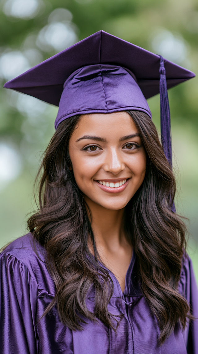 Happy Young Woman Graduating in Purple Gown