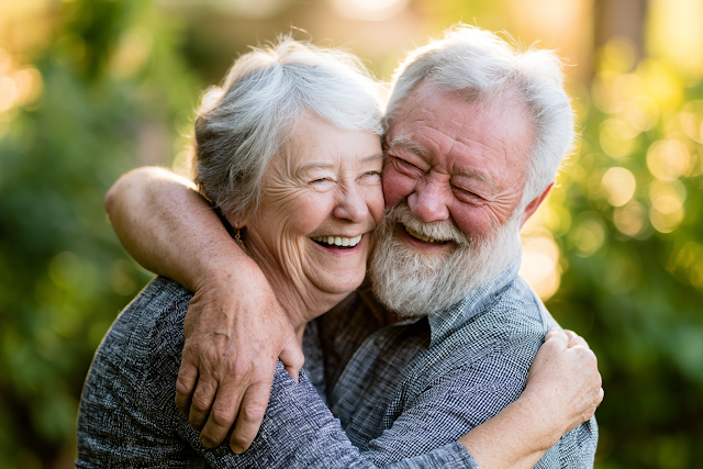 Heartwarming Senior Couple Embracing in Sunlit Park