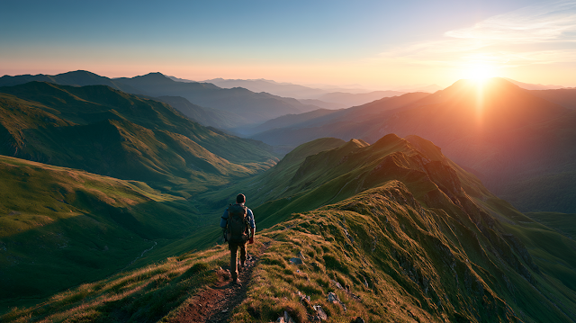 Hiker on Mountain Ridge at Golden Hour