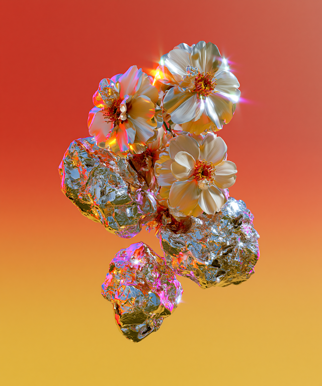Hyper-Realistic Chrome Flowers Nestled in Abstract Rocks