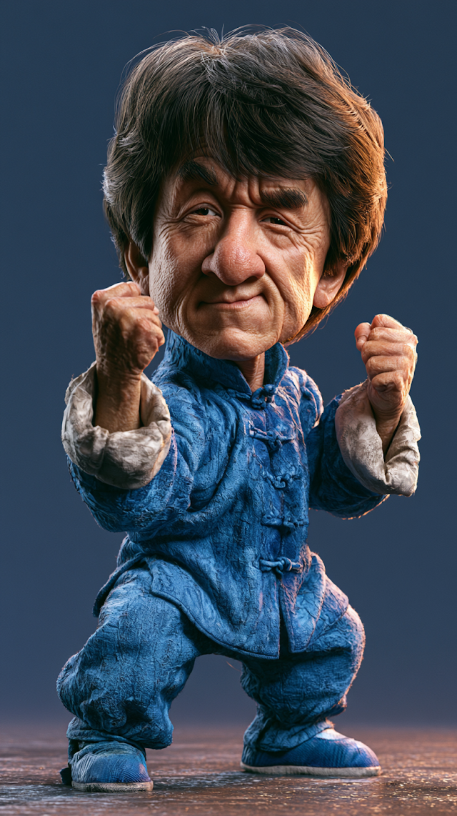 Hyperrealistic Jackie Chan Caricature in Kung Fu Attire