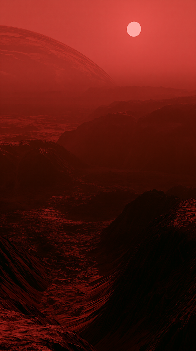 Hyperrealistic Mars Landscape: Red Atmosphere and Mountains