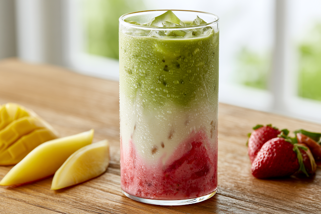 Iced Matcha Latte with Strawberry Puree and Creamy Milk