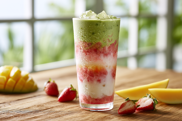 Iced Matcha Latte with Strawberry Puree and Tropical Accents