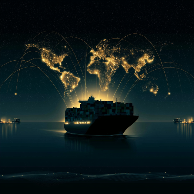 Illuminated Global Trade Network at Night