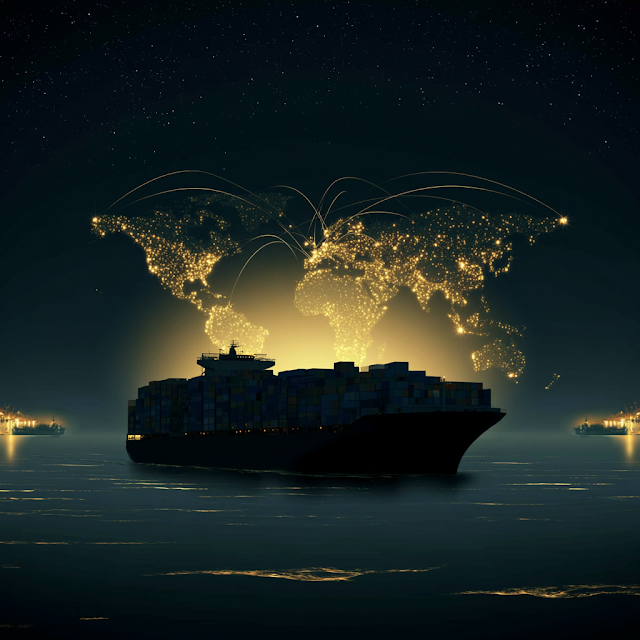 Illuminated Global Trade Network at Night