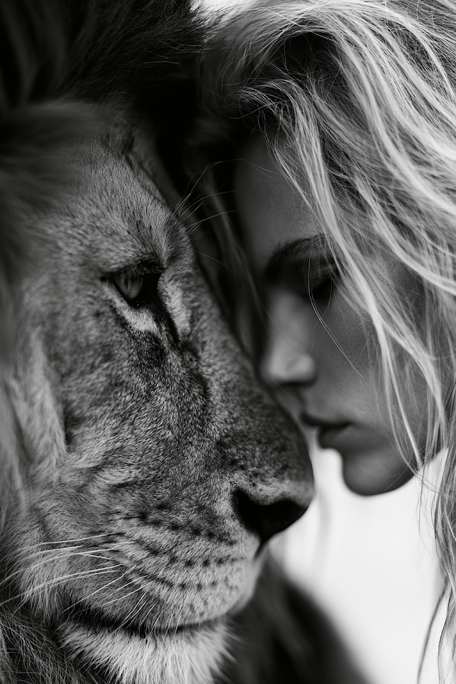 Intimate Connection: Woman and Lion in Harmony