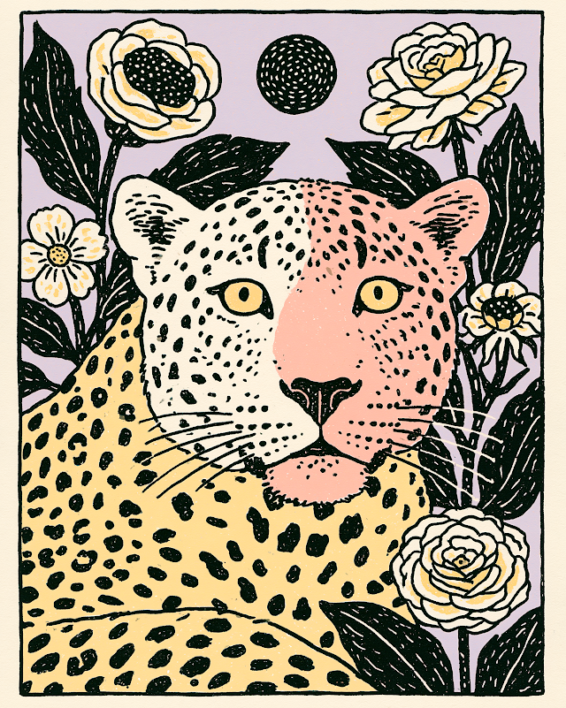 Intricate Leopard Illustration with Botanical Elements
