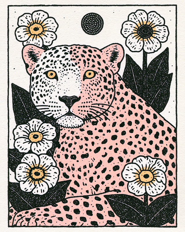 Intricate Leopard Illustration with Botanical Elements