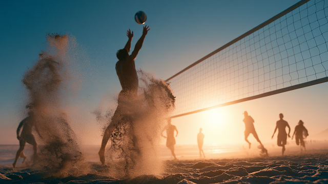 Joyful Beach Volleyball Action at Sunset