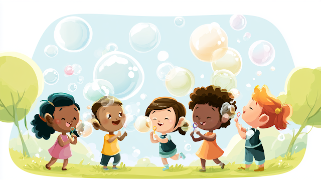 Joyful Children Blowing Bubbles in a Sunny Park