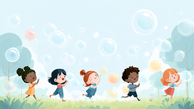 Joyful Children Blowing Soap Bubbles in a Sunny Park