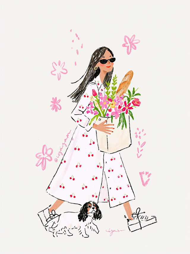 Joyful Malay Girl at Local Market with Flowers and Dog