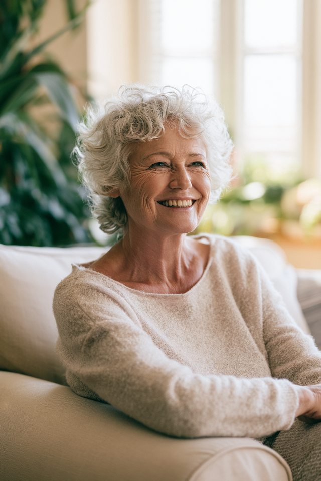 Joyful Senior Woman in Bright Living Room