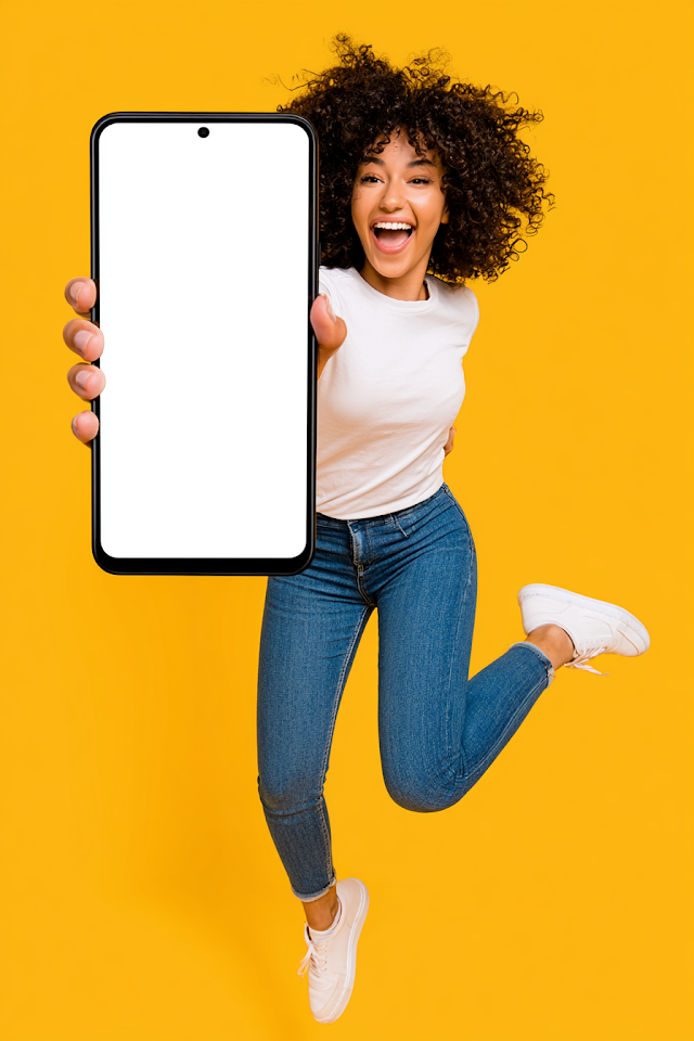 Joyful Young Woman Jumping with Smartphone in Hand
