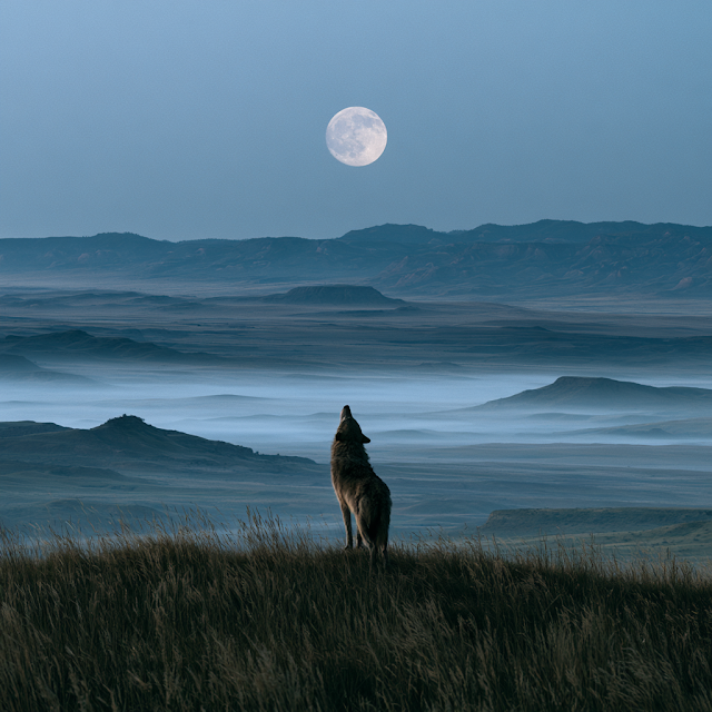 Lone Gray Wolf Howling at Full Moon in the American West