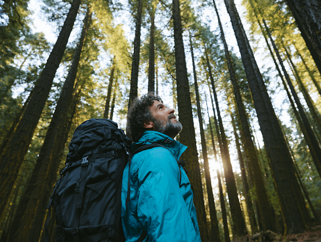 Lone Hiker in Serene Pine Forest