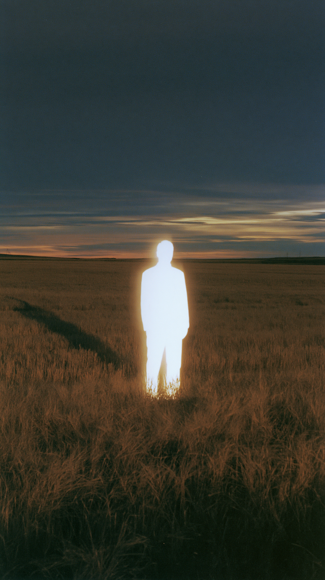 Luminous Solitary Figure in a Wheat Field at Dusk