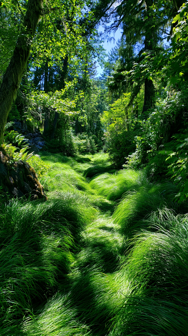 Lush Green Grass in a Serene Forest Oasis