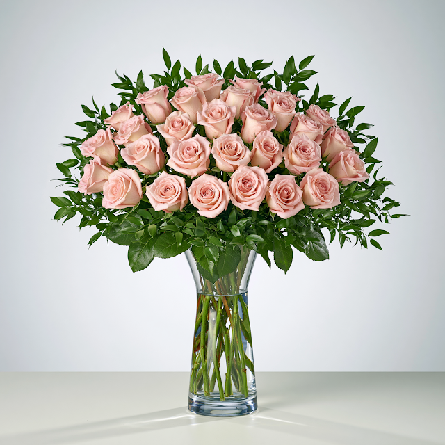 Lush Pink Rose Bouquet in Clear Glass Vase