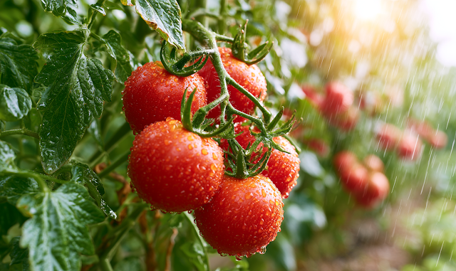Lush Ripe Tomatoes in Summer Rain