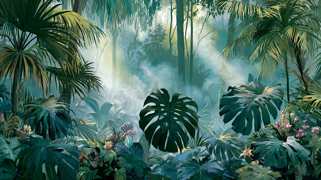 Lush Tropical Forest Landscape with Mist