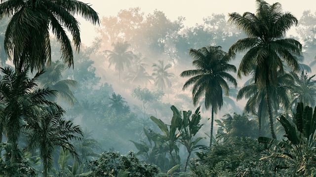 Lush Tropical Forest Mural with Misty Jungle Depths