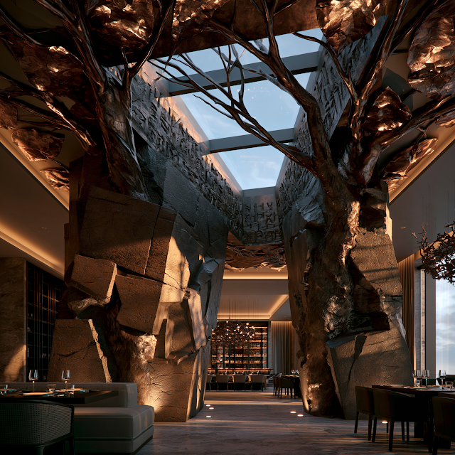 Luxurious Contemporary Café Interior with Sculptural Pillars