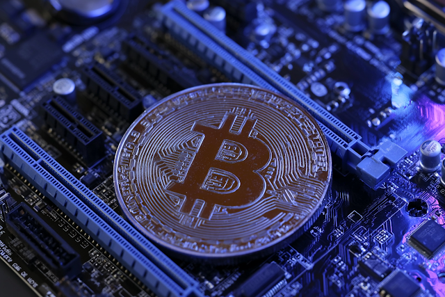 Macro Close-Up of Bitcoin Coin on Computer Motherboard