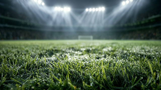 Macro View of Dew-Kissed Grass at Nightly Football Stadium