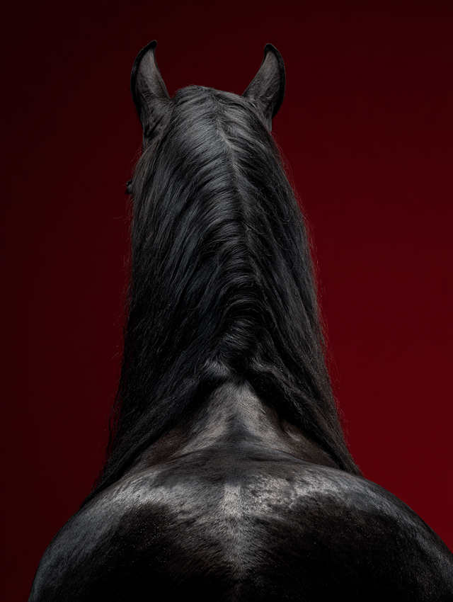 Majestic Black Friesian Horse Against Deep Red Background