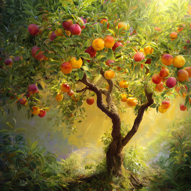 Majestic Fruit Tree in Sunlit Forest