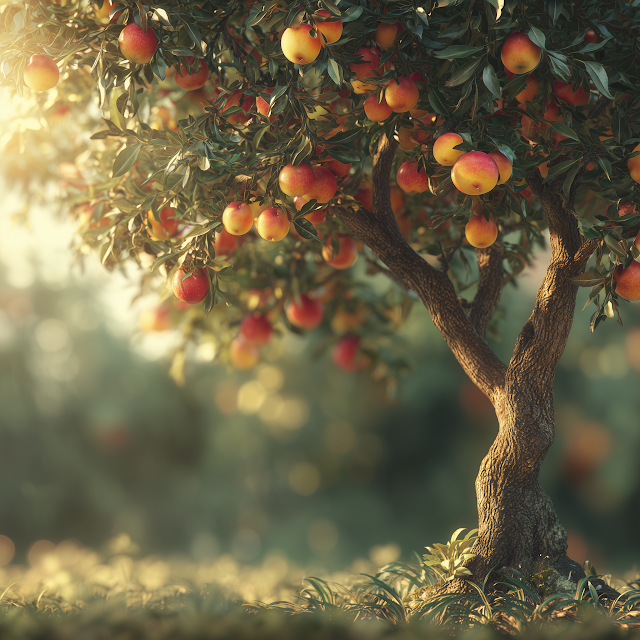 Majestic Fruit Tree in Sunlit Forest