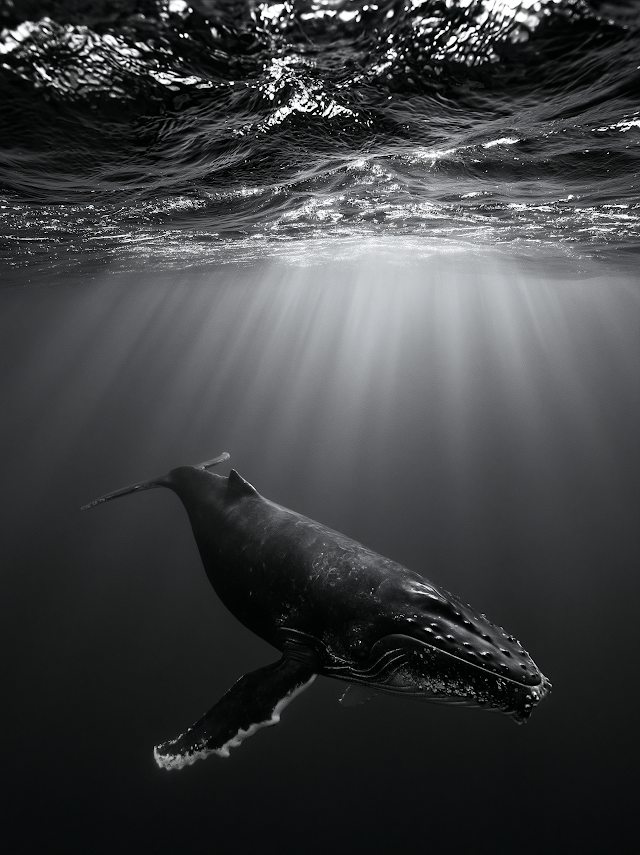 Majestic Whale Underwater in Black and White