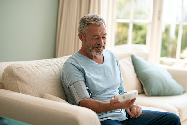 Mature Man Monitoring Blood Pressure at Home