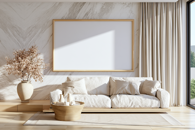 Minimal Modern Living Room with Light Marble Feature Wall