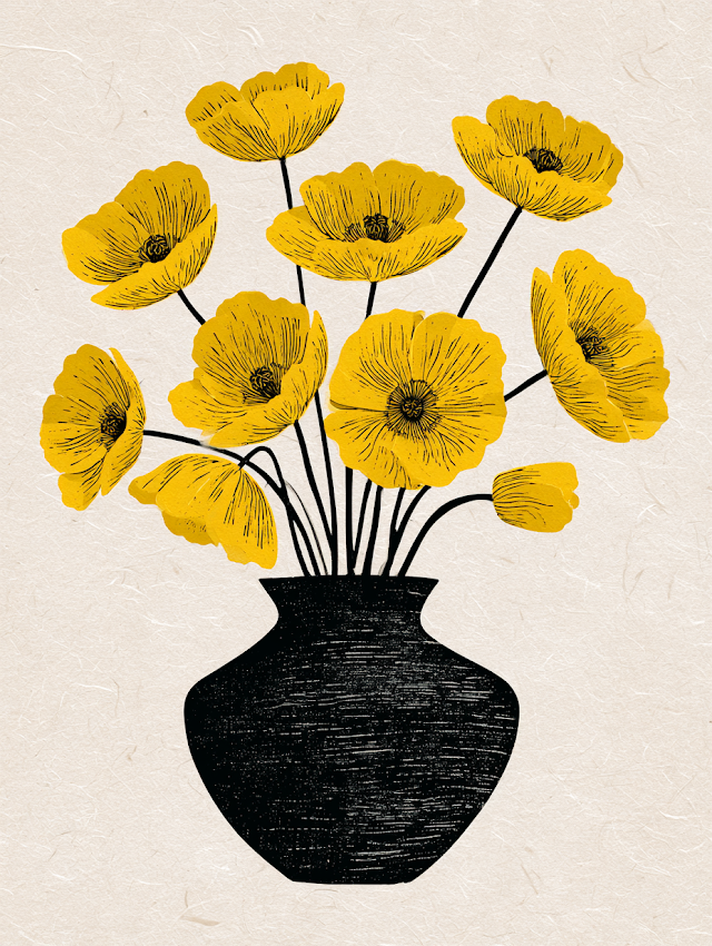 Minimalist Linocut Bouquet of Yellow Poppies